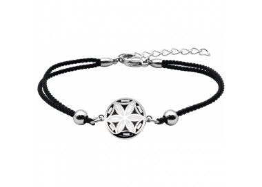 Bracelet acier - nacre - émail - fleur de vie - coton noir - ODENA - IM 374