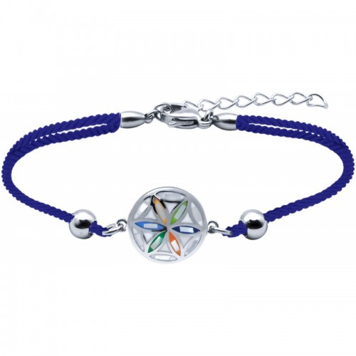 Bracelet acier - nacre - émail - fleur de vie - coton bleu - ODENA - IM 379