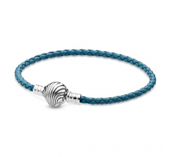 Bracelet en cuir tressé turquoise avec fermoir coquillage argent 925/1000e PANDORA MOMENTS 598951C01