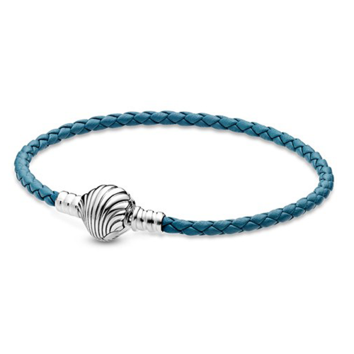 Bracelet en cuir tressé turquoise avec fermoir coquillage argent 925/1000e PANDORA MOMENTS 598951C01