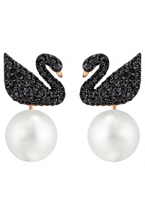 Boucles d’oreilles transformables Swarovski Iconic Swan Cygne, Noir, Placage de ton or rosé, Swarovski 5193949