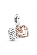 Charm Pandora, pendentif double coeurs entrelacés de roses, en argent 925/1000 et métal doré or rose 585/1000, 781062C01