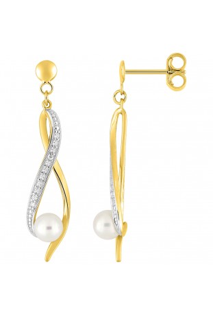 Boucles d'oreilles pendantes, or jaune et rhodium 375/1000, perles de culture et diamants, by Stauffer
