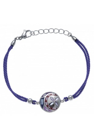 Bracelet acier, nacre et émail, coton violet, ODENA - IC 337