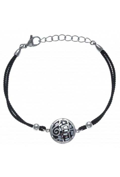 Bracelet acier, nacre et émail, coton noir, ODENA - IC 338