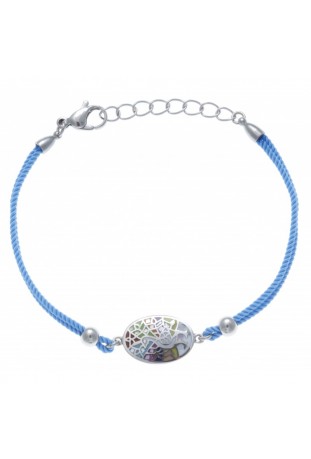Bracelet acier, nacre et émail, paon, coton bleu clair, ODENA - IC 340