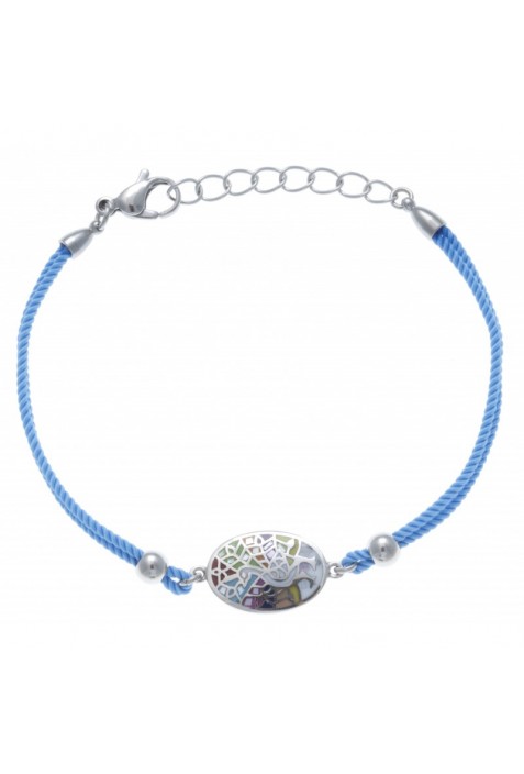 Bracelet acier, nacre et émail, paon, coton bleu clair, ODENA - IC 340