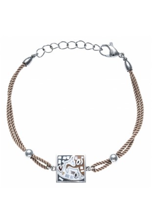 Bracelet acier, nacre et émail, coton marron, ODENA - IC 352