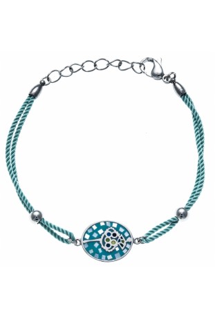 Bracelet acier, nacre et émail, coton bleu, ODENA - IC 354