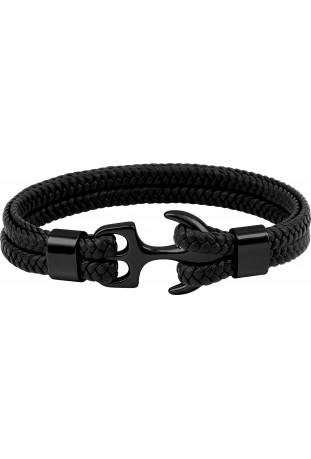 Bracelet homme acier PVD noir 316L, matière synthétique noire, motif ancre de marine, by Stauffer