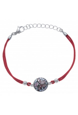 Bracelet acier, nacre et émail, coton rouge, ODENA - IC 339