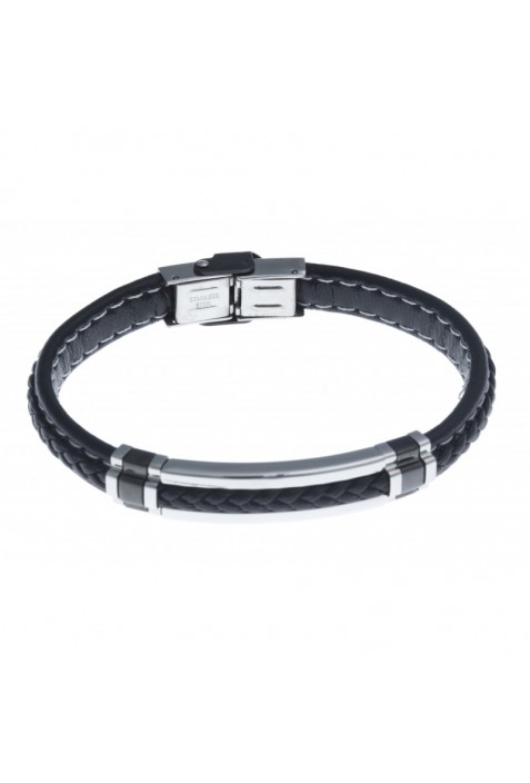 Bracelet acier, acier PVD noir et cuir noir, acier by Stauffer
