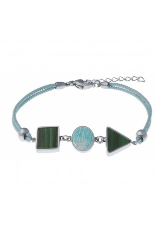 Bracelet en acier et coton vert clair - carré malachite - rond amazonite - triangle malachite YOLA - IH 376