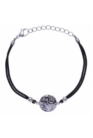 Bracelet acier, nacre et émail, coton noir, ODENA - IM 323