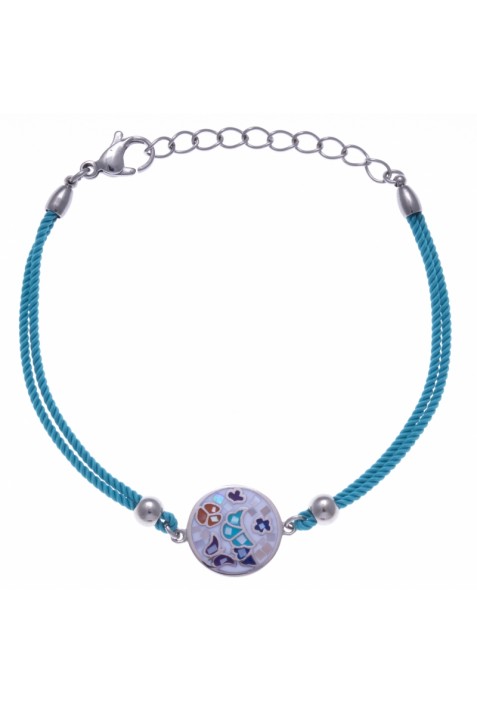 Bracelet acier, nacre et émail, coton bleu, ODENA - IM 325