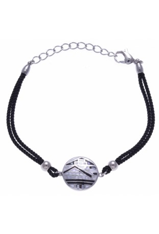 Bracelet acier, nacre et émail, coton noir, ODENA - IM 345
