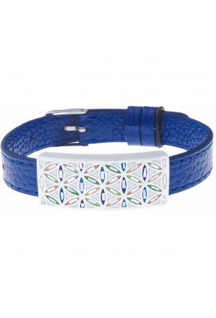 Bracelet acier émail et nacre, cuir bleu, largeur 1cm, ODENA - IM 378