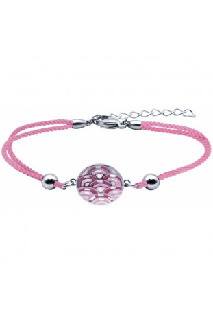 Bracelet acier, nacre et émail, coton rose, ODENA - IM 388