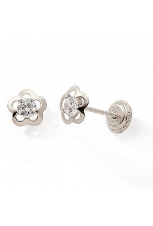 Boucles d'oreilles or gris 375/1000, fleur et oxydes de zirconium by Stauffer