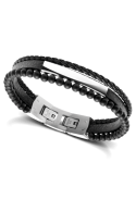 Bracelet YALE Acier et Cuir plat 5mm tressé 3mm Noir, perles 4mm, Rochet HB6601