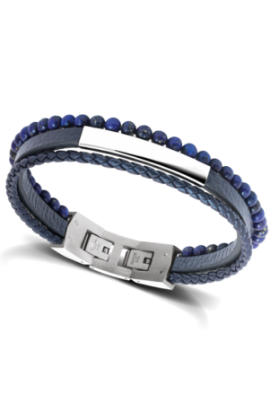 Bracelet YALE Acier et Cuir plat 5mm tressé 3mm Bleu, perles 4mm, Rochet HB6612