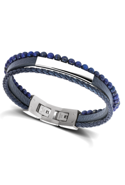 Bracelet YALE Acier et Cuir plat 5mm tressé 3mm Bleu, perles 4mm, Rochet HB6612