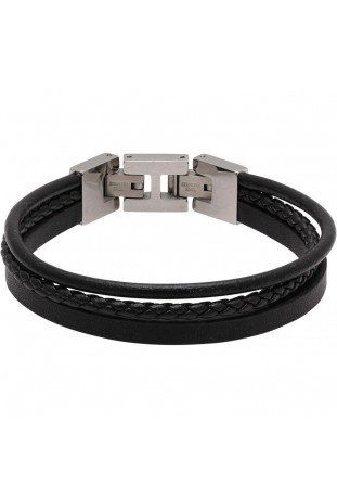 Bracelet STANFORD Acier poli et 3 cuirs Noir plat, rond et tressé, Rochet HB7601