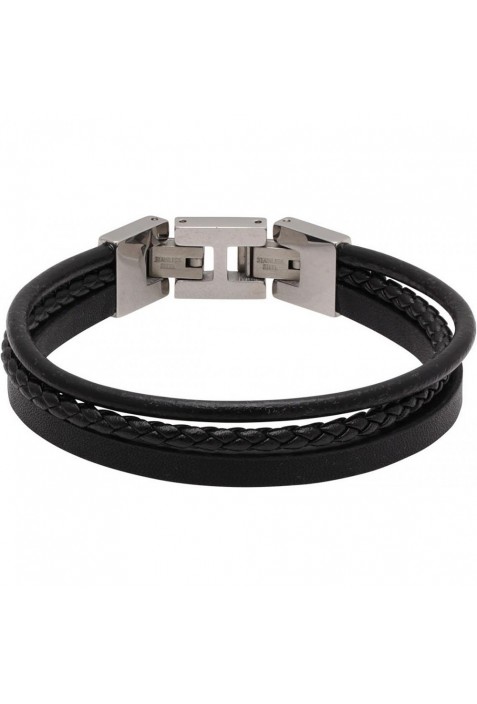 Bracelet STANFORD Acier poli et 3 cuirs Noir plat, rond et tressé, Rochet HB7601