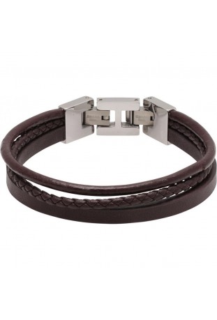 Bracelet STANFORD Acier poli et 3 cuirs Marron plat, rond et tressé, Rochet HB7603