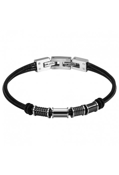 Bracelet MERCURY Cordons cuir, perles acier poli et carbone 21cm, Rochet HB5301