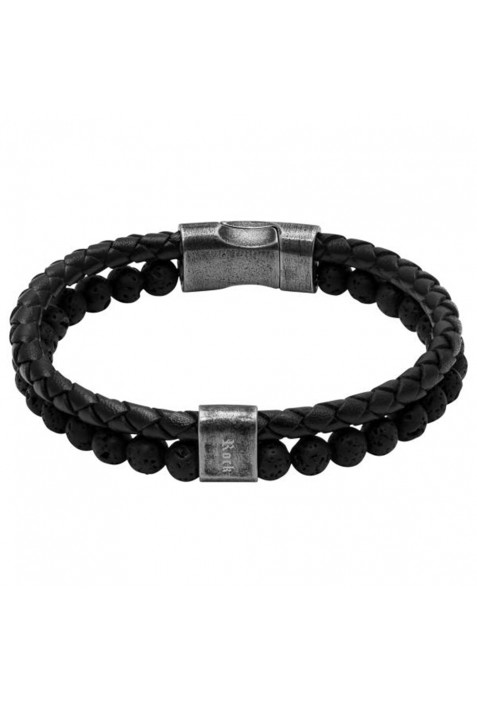 Bracelet KARMA 5mm Cuir tressé Noir et perles Pierre de lave noire, Rochet HB562231