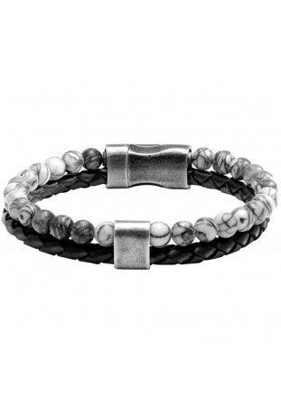 Bracelet KARMA 5mm Cuir tressé Noir et perles Jaspe grise, Rochet HB562200