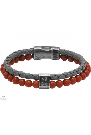 Bracelet KARMA 5mm Cuir tressé Gris et perles Jaspe rouge, Rochet HB562205