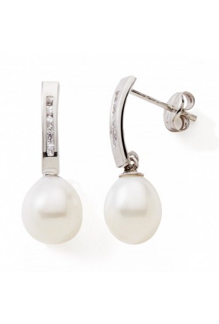 Boucles d'oreilles pendantes or gris 375/1000, perles de culture et oxydes de zirconium by Stauffer