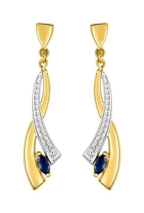 Boucles d'oreilles pendantes or bicolore 375/1000 et saphirs bleus taille navette by Stauffer