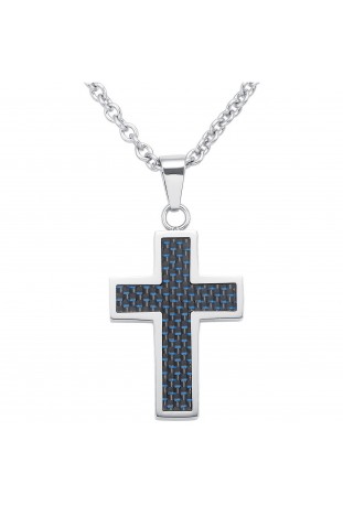 Collier acier et carbone bleu, motif croix Phebus Legend 75-0254