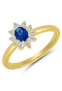 Bague or jaune 750/1000, saphir bleu 5X4 mm et diamants 0,25 carat, taille brillant by Stauffer