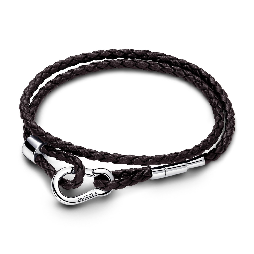 Bracelet double Pandora moments, tressé en cuir marron, en argent 925/1000, 593338C01-D2