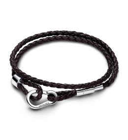 Bracelet double Pandora moments, tressé en cuir marron, en argent 925/1000, 593338C01-D2