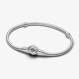 Bracelet Pandora Moments, mailles serpent, Rose in Bloom en argent 925/1000, 593211C00