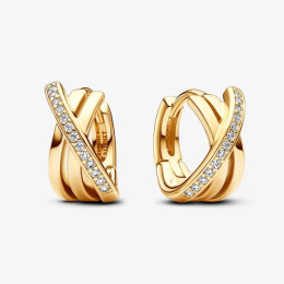 Boucles d'oreilles créoles Pandora, croisées à pavé, en métal doré or jaune 585/1000, 263150C01