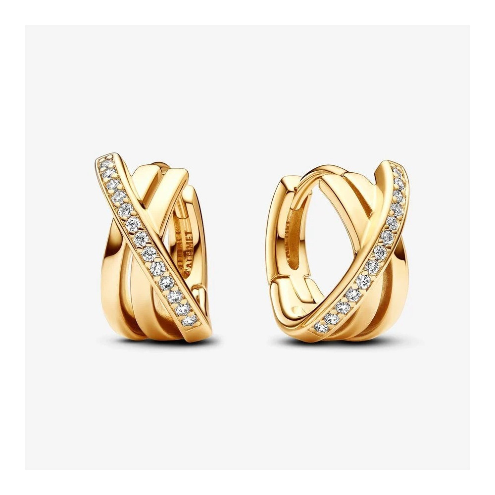 Boucles d'oreilles créoles Pandora, croisées à pavé, en métal doré or jaune 585/1000, 263150C01