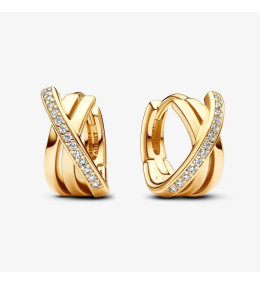 Boucles d'oreilles créoles Pandora, croisées à pavé, en métal doré or jaune 585/1000, 263150C01