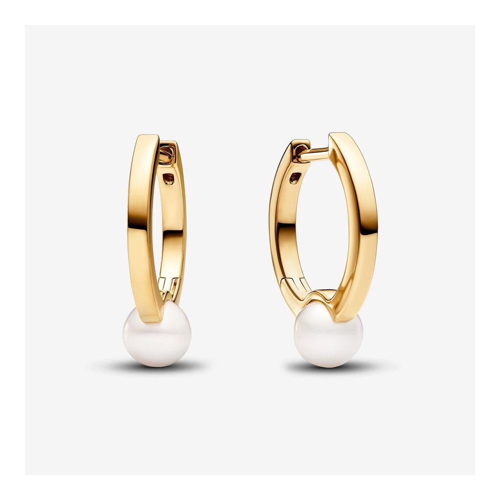 Boucles d'oreilles créoles Pandora, perles de culture d'eau douce, en métal doré or jaune 585/1000, 263170C01