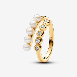 Bague ouverte Pandora, pavé et perles de culture d'eau douce en métal doré or jaune 585/1000, 163146C01