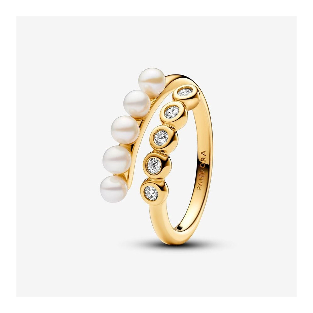 Bague ouverte Pandora, pavé et perles de culture d'eau douce en métal doré or jaune 585/1000, 163146C01