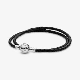 Double Bracelet Tressé en Cuir - Noir, fermoir rond argent 925/1000 PANDORA 590745CBK-D (35)