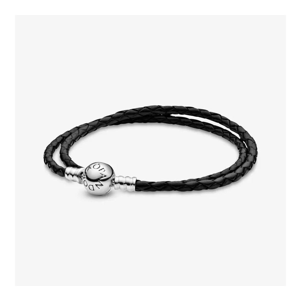 Double Bracelet Tressé en Cuir - Noir, fermoir rond argent 925/1000 PANDORA 590745CBK-D (35)