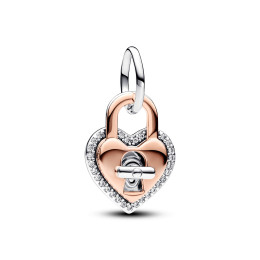 Le Charm pendentif Pandora, Double Cadenas Cœur Barre Pivotante, en argent 925/1000 et métal doré rose 585/1000, 783079C01