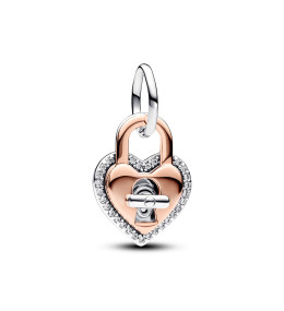 Le Charm pendentif Pandora, Double Cadenas Cœur Barre Pivotante, en argent 925/1000 et métal doré rose 585/1000, 783079C01